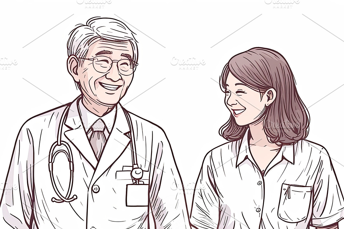 Doctor and patient walking together smiling in a positive and supportive moment, an Illustration by AS photostudio