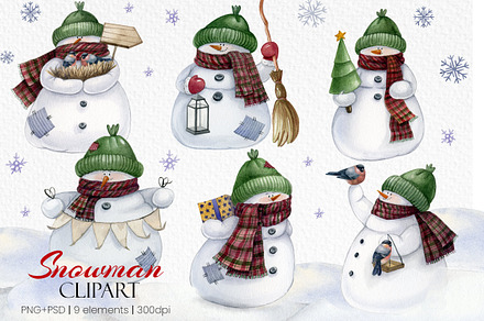 Watercolor christmas snowman clipart, an Illustration by yana.fefelova