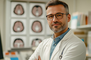 A confident male neurosurgeon doctor in a white lab coat stands with arms cross, a Person Photo by Textures & Backgrounds