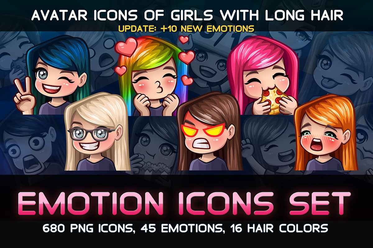 Emotion female icons with long hair, a Person Illustration by Saranai Store (Photo 1 of 5)