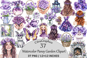 Watercolor Pansy Garden Clipart, an Illustration by CitraGraphics