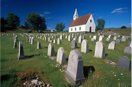 Rural cemetery field with church in, an Architecture Photo by Ylivdesign