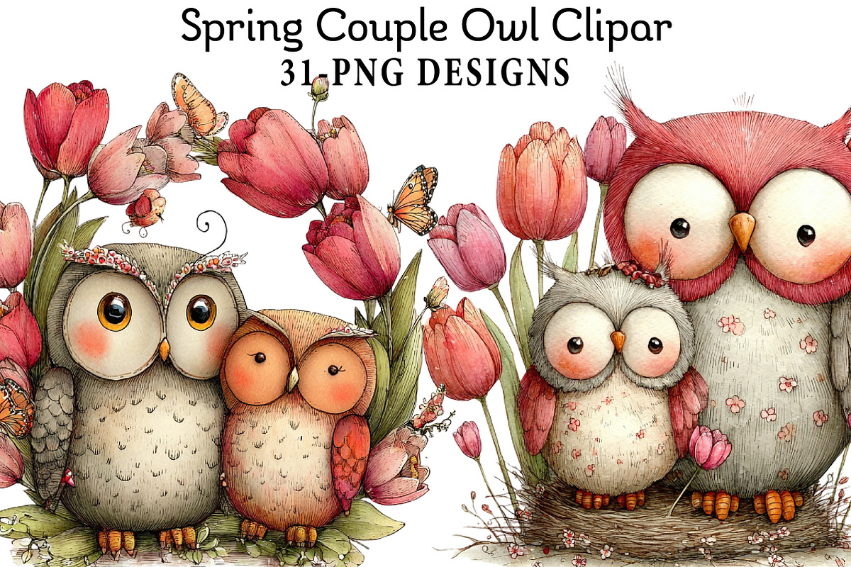 Spring Couple Owl Clipar, an Illustration by Daily.Designs (Photo 1 of 7)