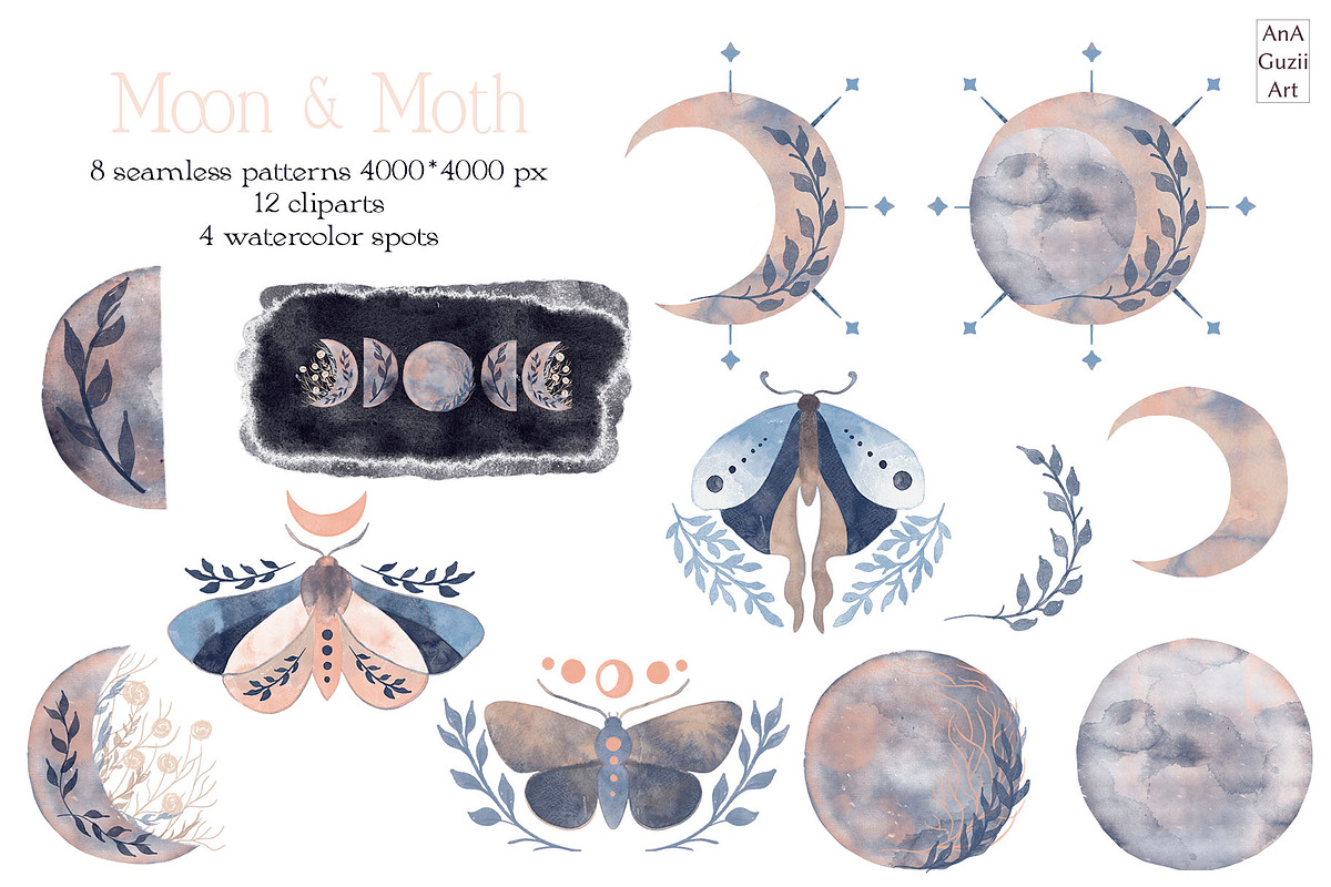 Moon and moth pattern & clipart, a Decorative Illustration by AnaGuziiArt (Photo 4 of 6)