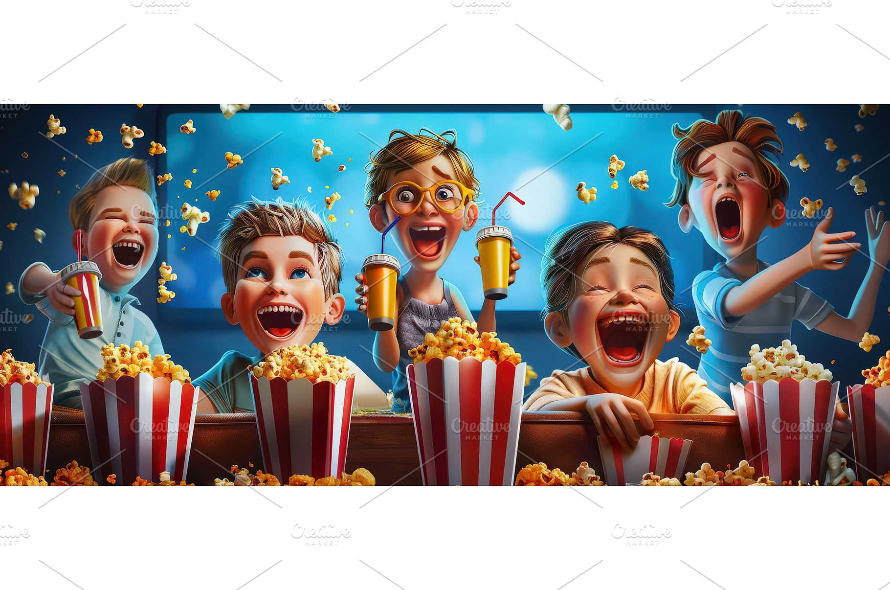 Animated Kids Laughing with Popcorn, a Food & Drink Photo by piter.goskov