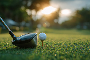 Golf club and ball on tee at sunset, a Photo by Pixeness Studio