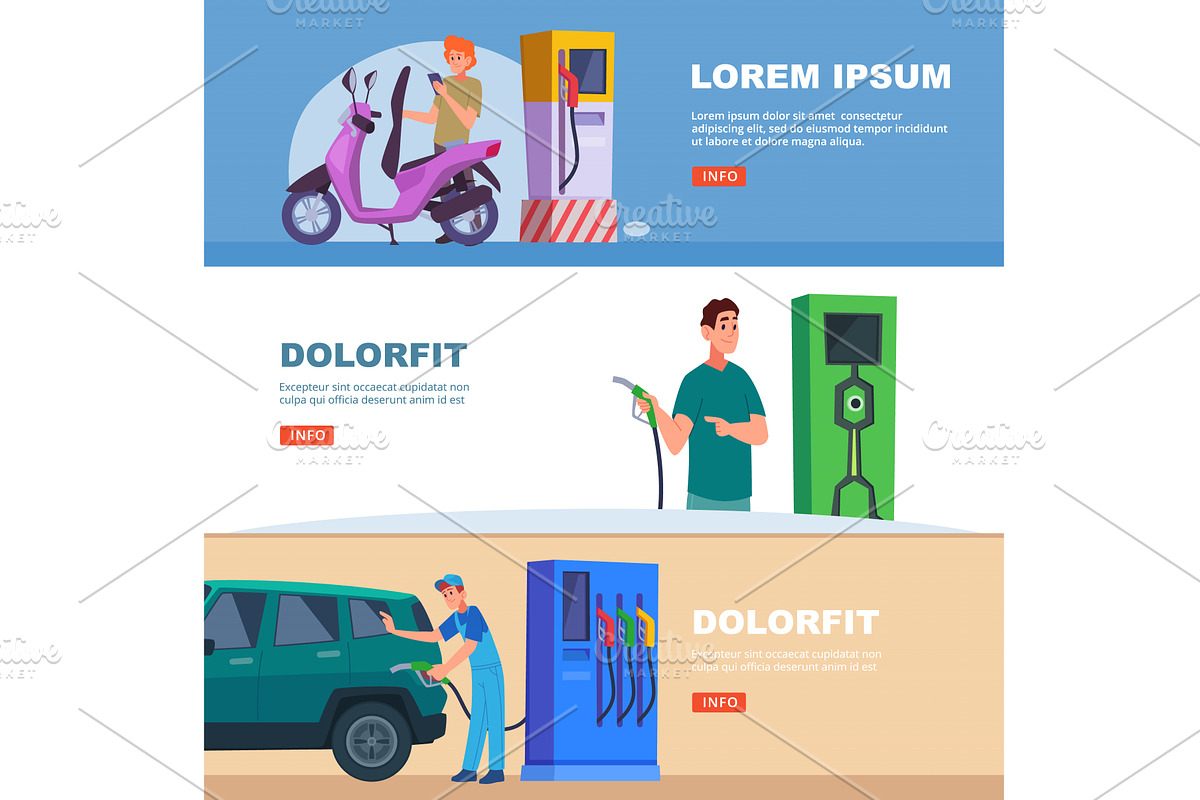 Gas station. banners with driver, a Transportation Illustration by Onyx