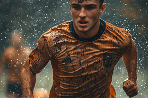 A young male soccer player running through a rain-soaked field, splashing water, a Person Photo by Textures & Backgrounds