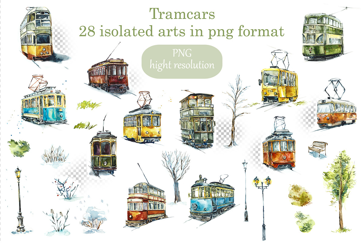 Watercolor Tramcars, a Transportation Illustration by Budogoshch (Photo 2 of 9)