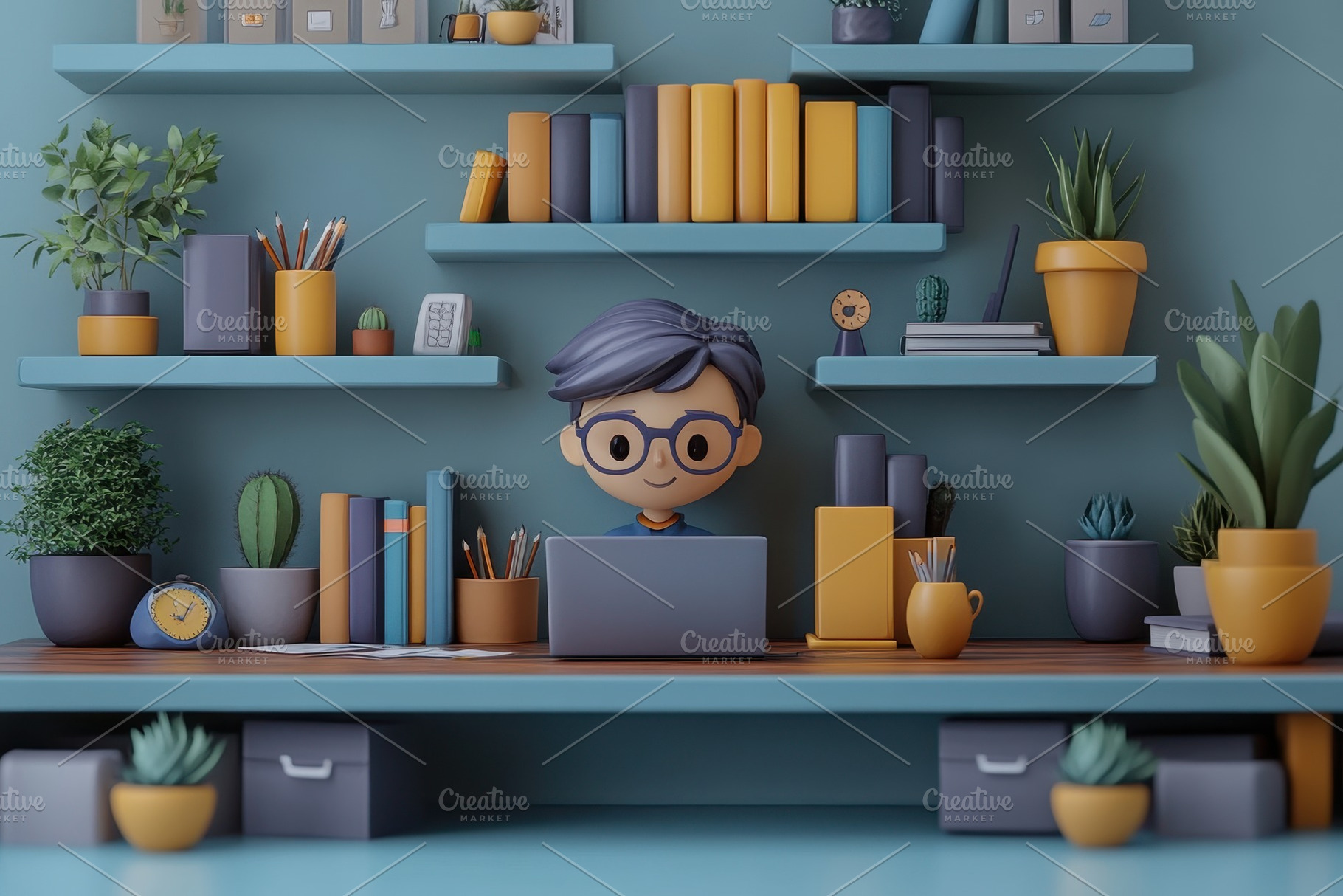 Creative workspace with a cartoon bo, a Photo by Tanuart