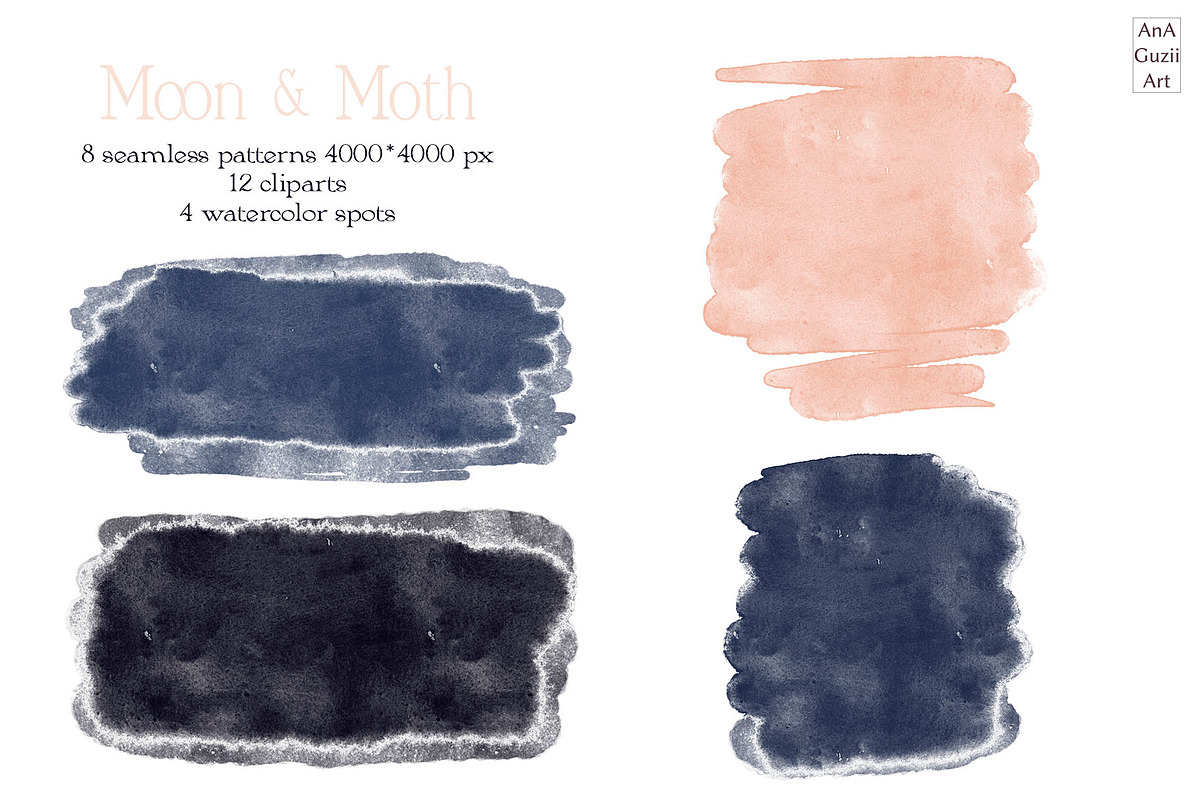 Moon and moth pattern & clipart, a Decorative Illustration by AnaGuziiArt (Photo 5 of 6)