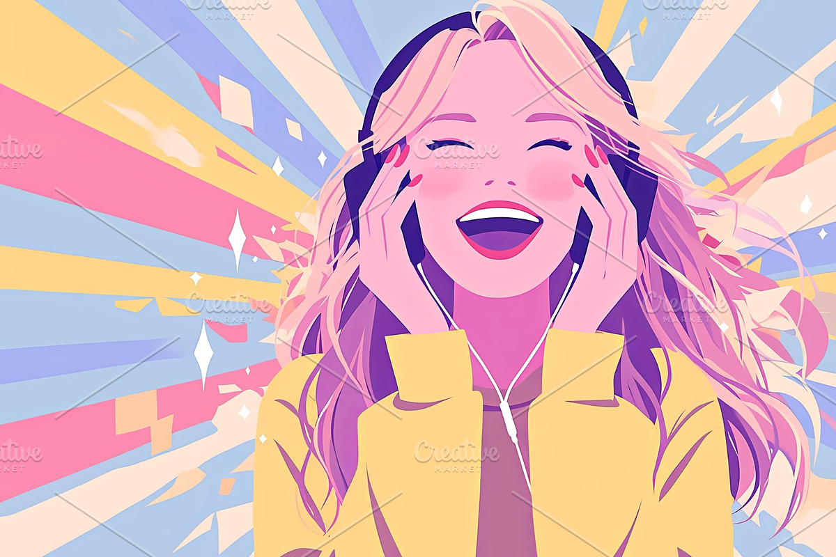 Illustration of a joyful woman enjoying music with vibrant decorative backgroun, an Illustration by AS photostudio