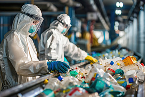 Workers in biohazard suits sorting waste on conveyor with different household w, an Industrial Photo by AlyaAnd