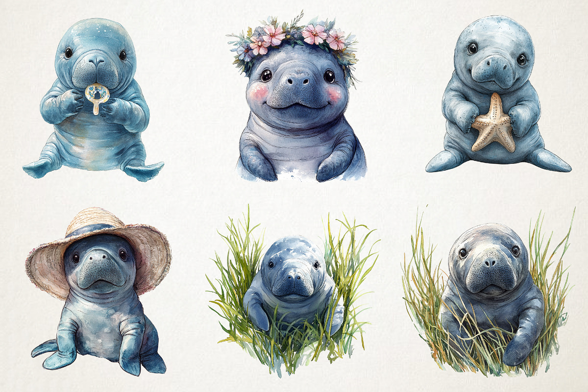 Cute Baby Watercolor Manatees Clipar, an Illustration by RobertsArt (Photo 5 of 7)