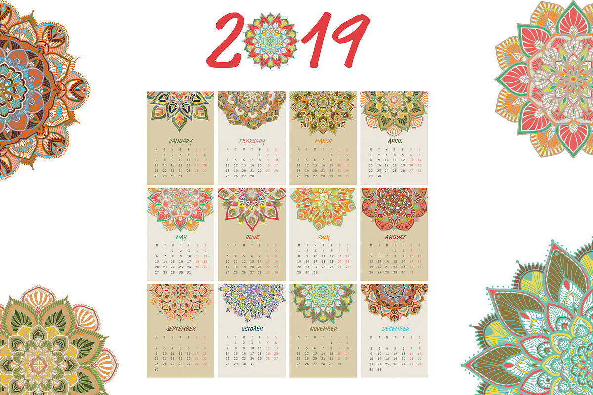 2019 New Year Calendar Mandala Style, a Stationery Template by Noree (Photo 1 of 5)