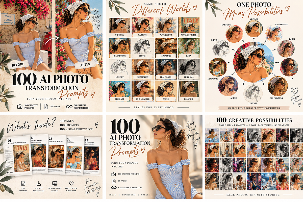 100 AI Photo Transformation Prompts, a Person Illustration by Victoria Bee Presets (Photo 2 of 8)