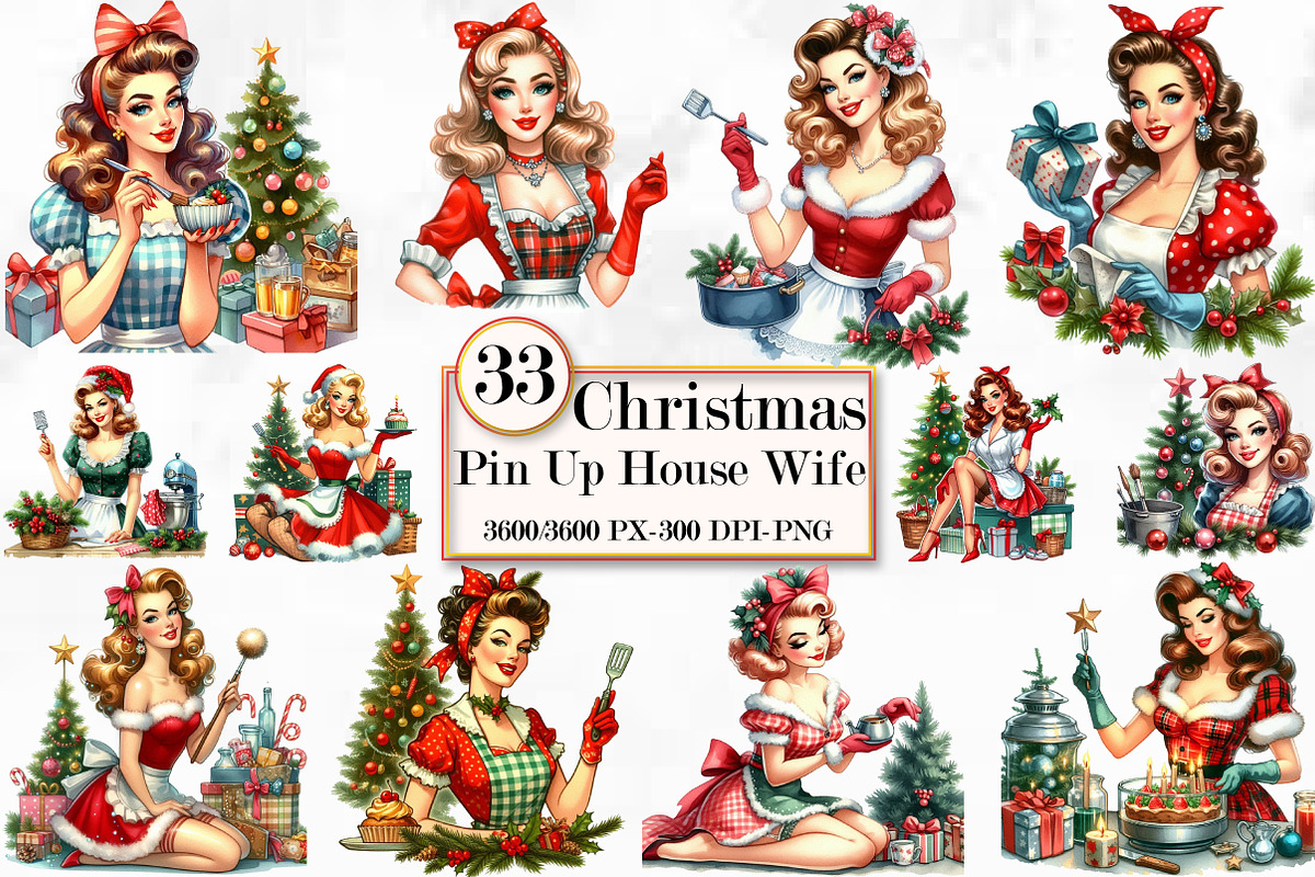Christmas Pin Up House Wife Clipart, a Seasonal Illustration by Craft Nest (Photo 1 of 5)