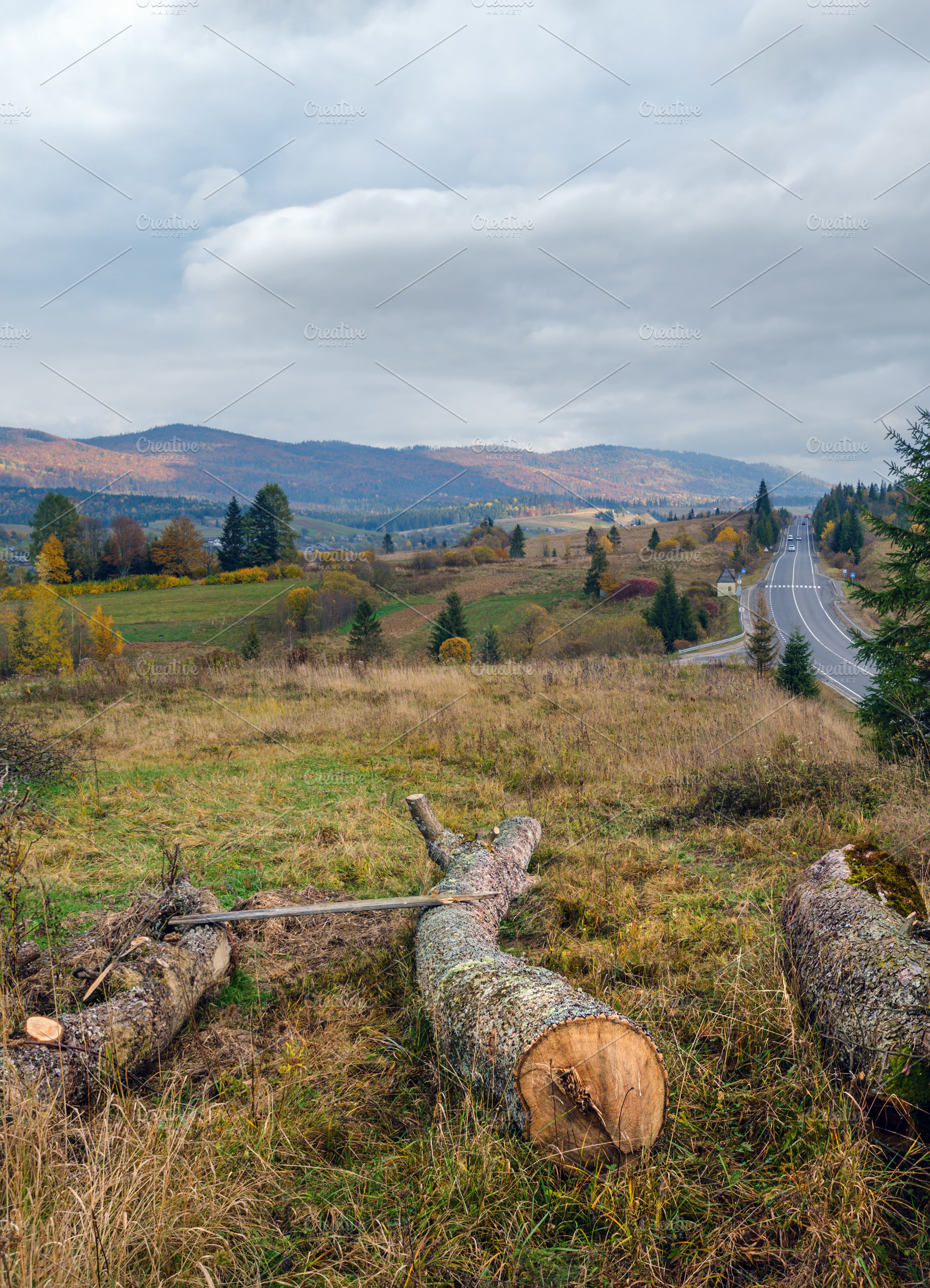 Cloudy autumn Carpathian Mountains and highway on mountain pass,, a Nature Photo by YuriyB