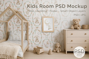 Kids Room Mockup. Wall, Bedding. PSD