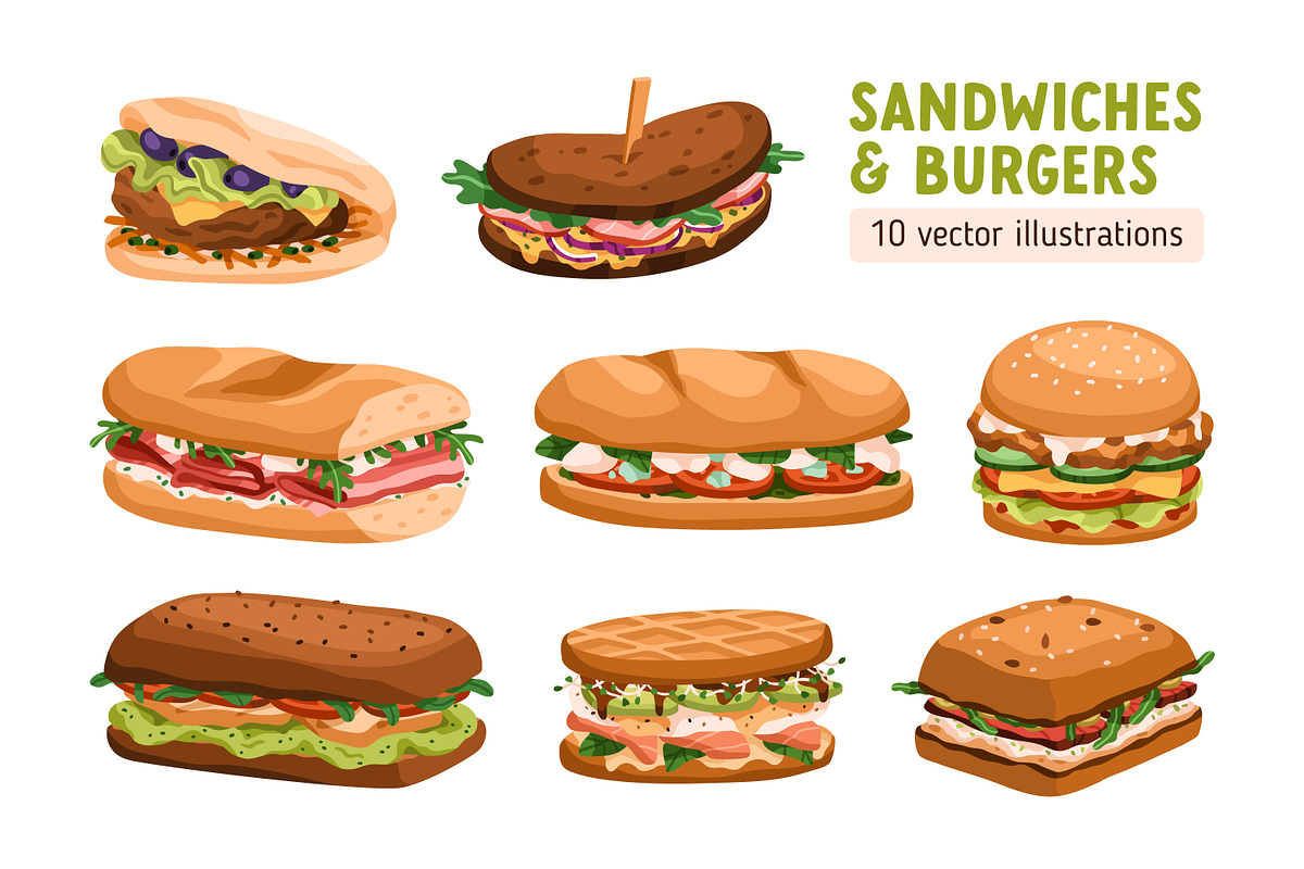 Sandwiches, toasts and burgers set, a Food Illustration by Good Studio (Photo 1 of 21)
