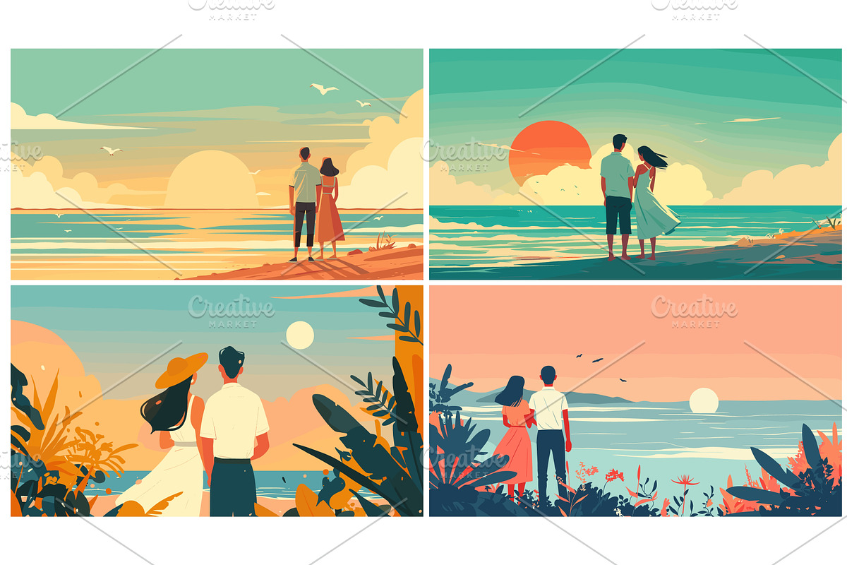 Couple at beach sunset. Flat, an Illustration by Stock-Smart-Start