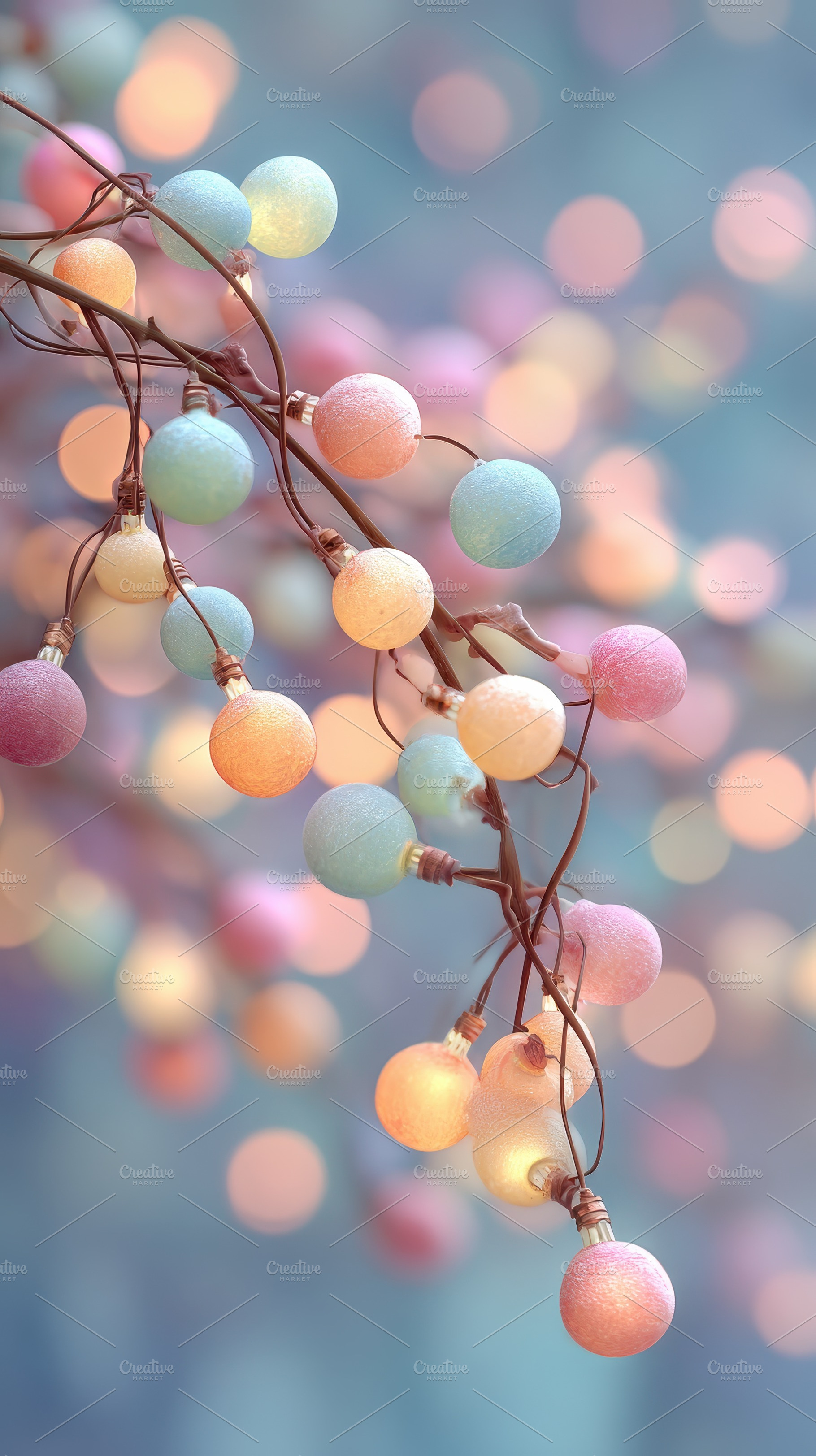 Pastel Lightbulbs Hanging on Branch, a Photo by Pixeness Studio