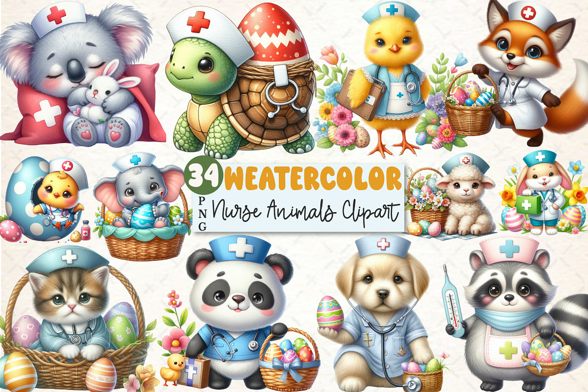 Cute Easter Nurse Animals Clipart, a Seasonal Illustration by Rose Art (Photo 1 of 4)