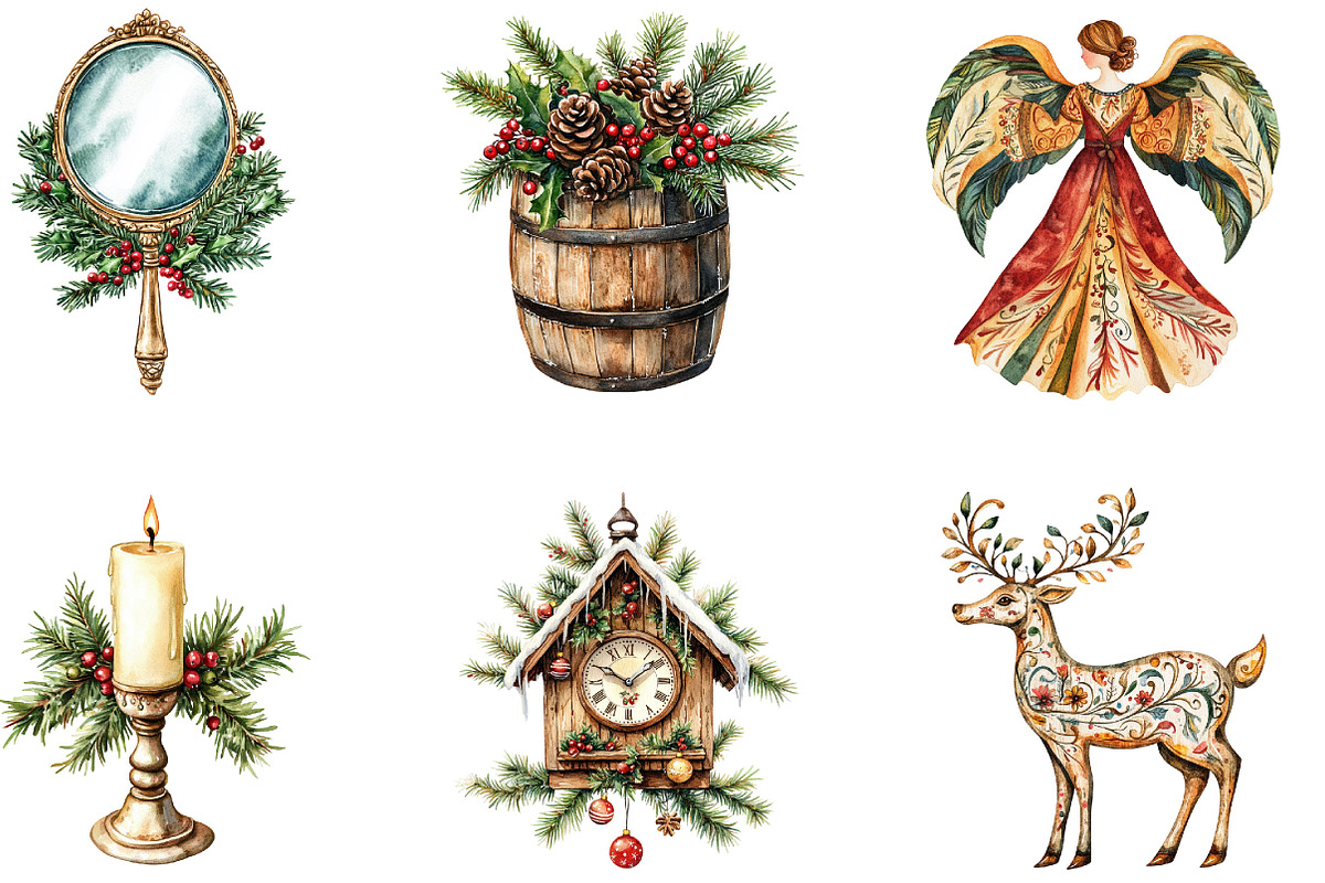 Antique Christmas Watercolor Clipart, a Seasonal Illustration by Designking (Photo 5 of 5)
