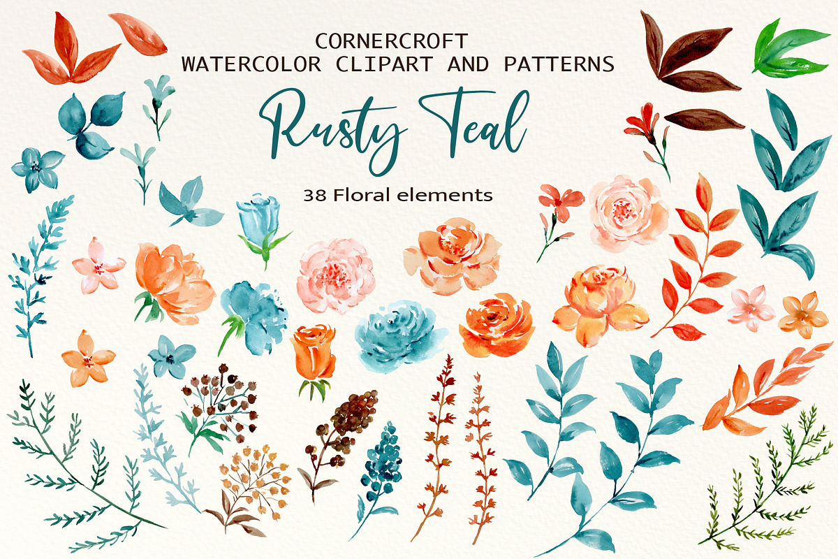 Rusty Teal Floral Clipart & Patterns, an Illustration by Corner Croft (Photo 2 of 13)