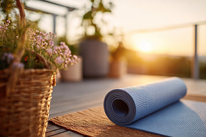 Morning serenity on terrace with yoga mat and rising sun, a Sports & Recreation Photo by AlyaAnd