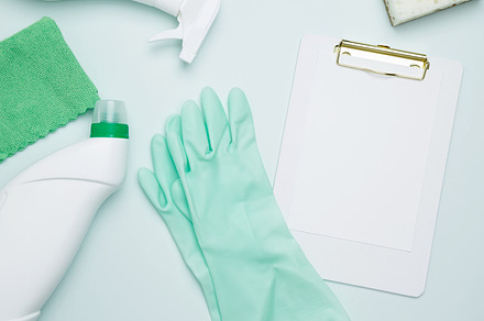 Mock up clipboard. Cleaning supplies and tools, bottles, gloves, sponges, and c, a Photo by matucha