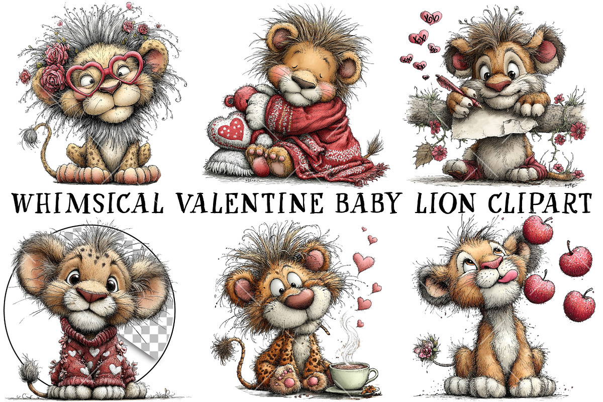 Whimsical Valentine Baby Lion Clipar, an Illustration by OK Design (Photo 2 of 6)