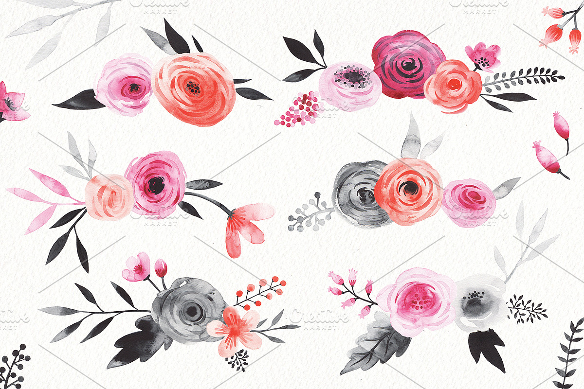 watercolor rose & black set, an Illustration by artnLera (Photo 2 of 3)