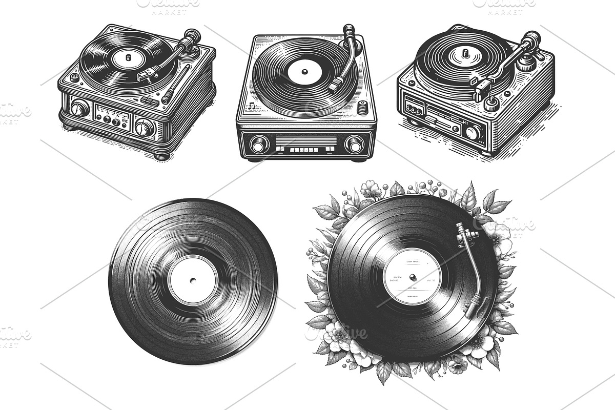 Turntables and Vinyl Records set, an Illustration by AlexArt