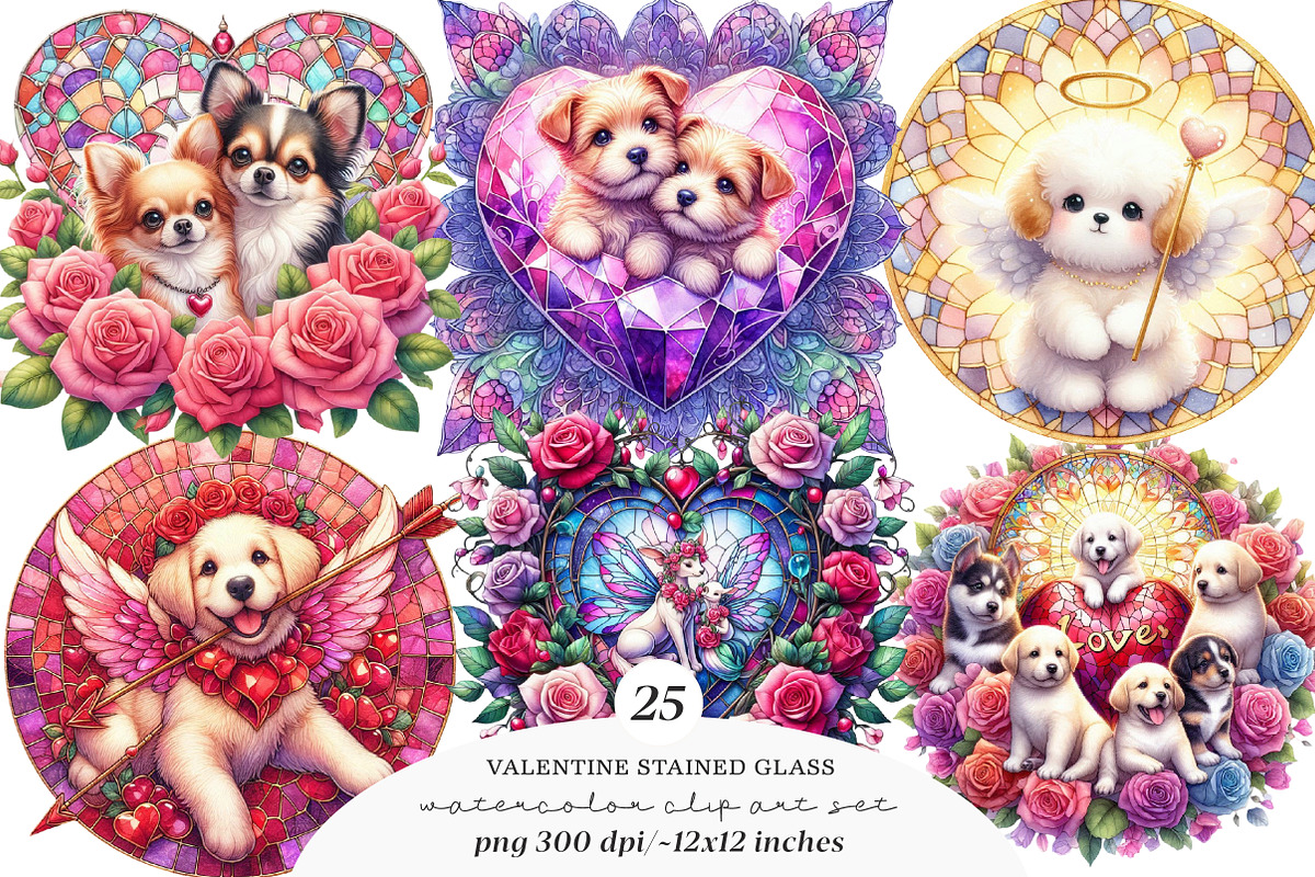 Stained Glass Valentine Fairy Dogs, an Illustration by SinaCreation (Photo 1 of 11)