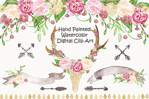 Antler Floral watercolor cliparts