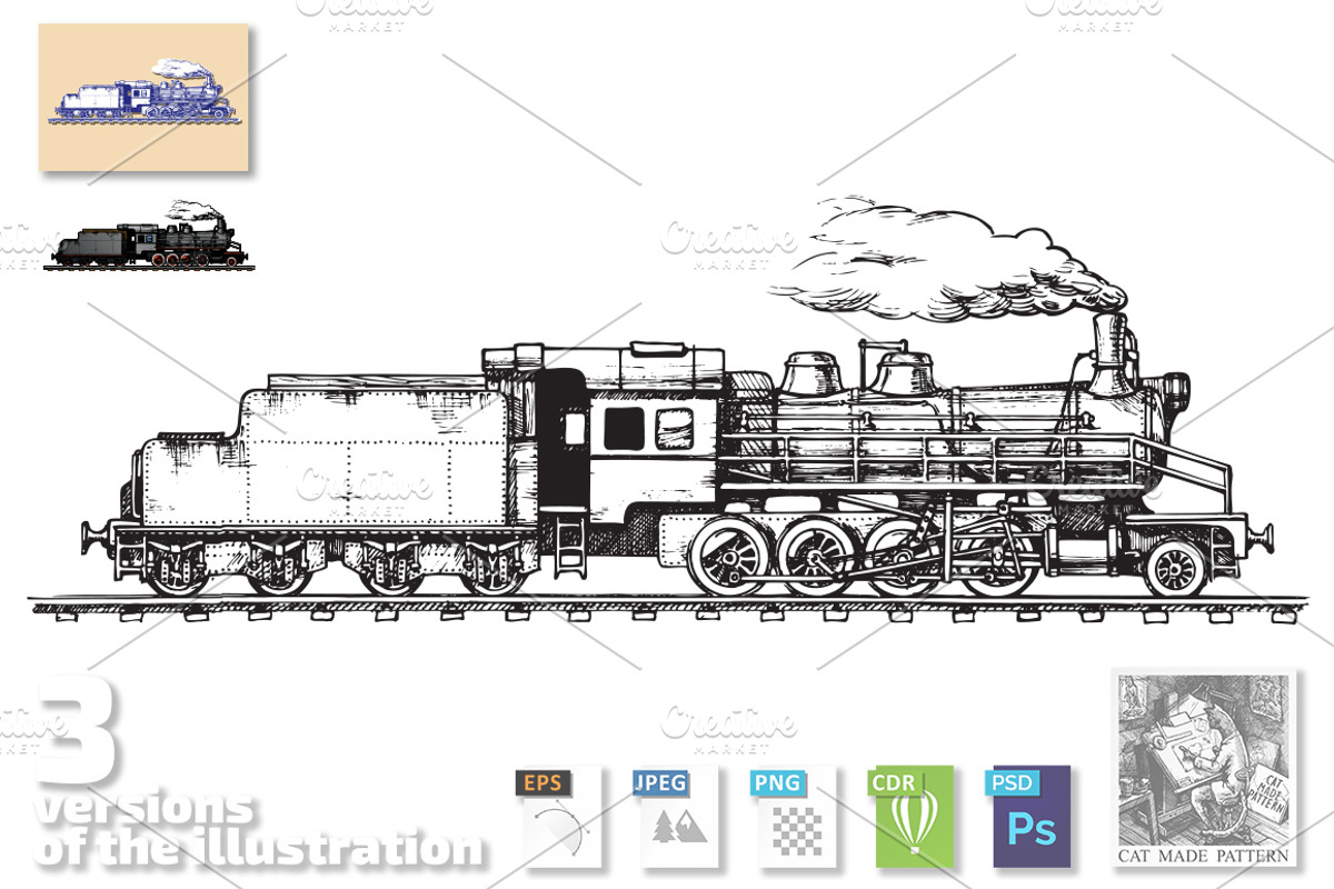 Vintage train, a Transportation Illustration by CatMadePattern (Photo 1 of 4)