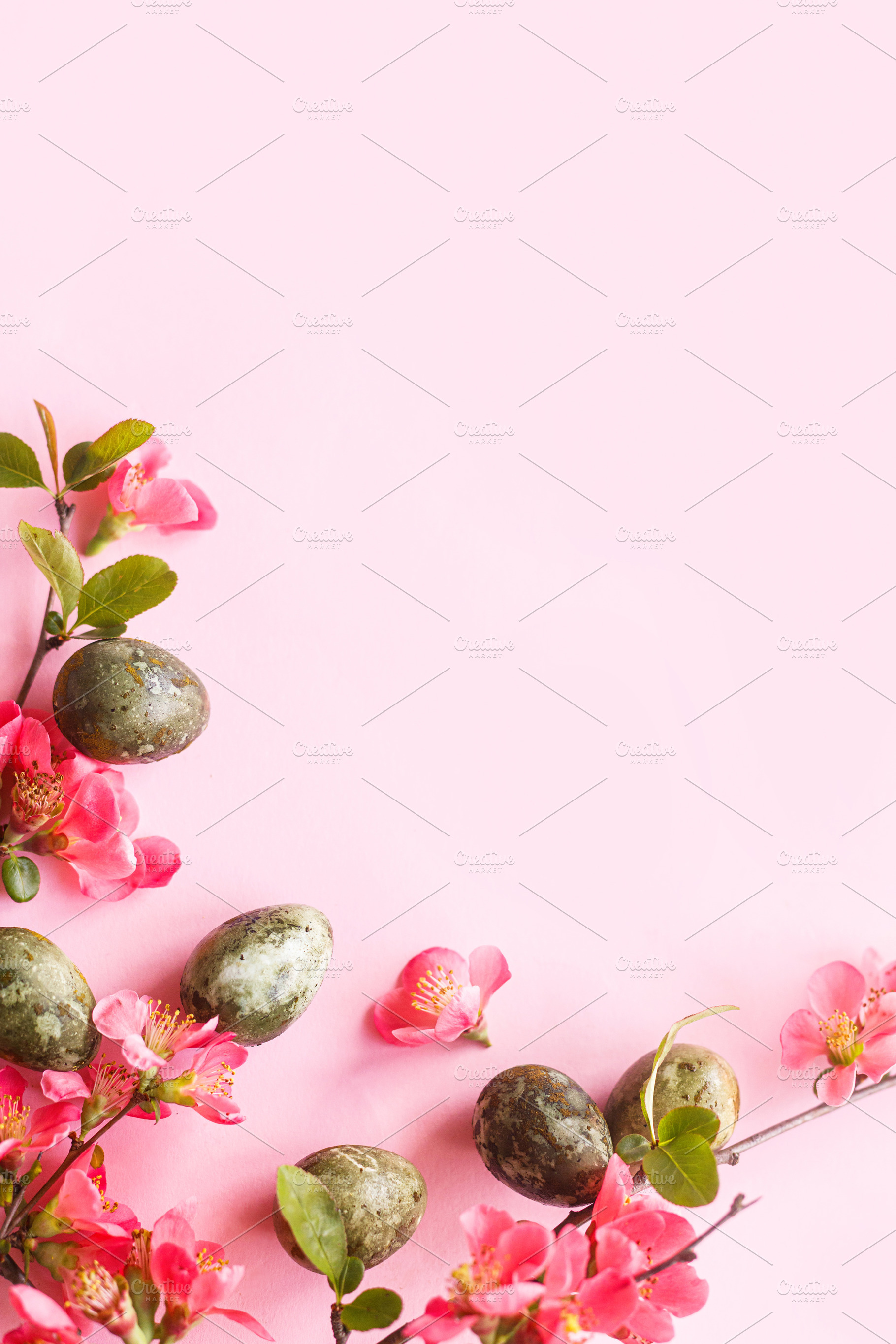 Easter flat lay. Stylish easter eggs and red flowers on pink bac, a Holiday Photo by Sonjachni