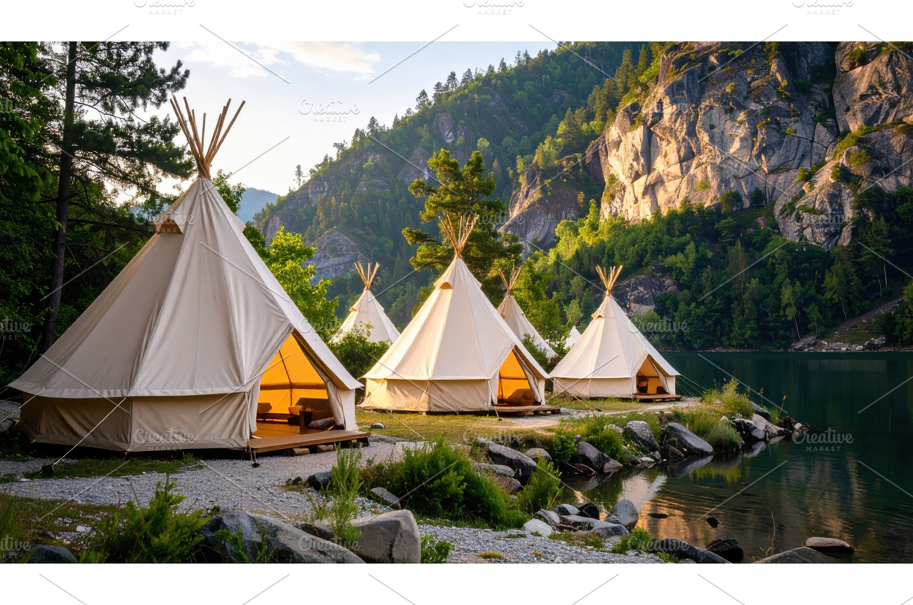 Luxury glamping teepees on a serene, a Nature Photo by Igor Tichonow