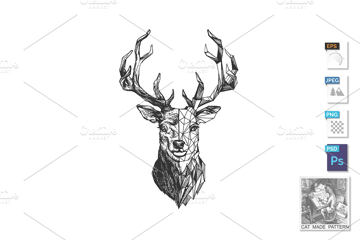 Engraving deer in polygonal style, an Animal Illustration by CatMadePattern (Photo 1 of 2)
