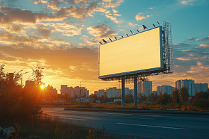 A large empty billboard stands beside a road during sunset, with a vibrant sky, an Arts & Entertainment Photo by Textures & Backgrounds