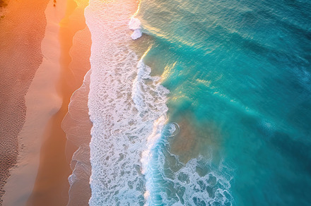 Ocean waves on beach sand from top view. Generative AI, a Nature Photo by AlyaAnd