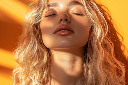 Blond female teenager enjoying sunlight against a vibrant orange wall with styl, a Person Photo by AlyaAnd