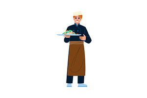 Smiling chef holding tray with, a Person Illustration by pikepicture
