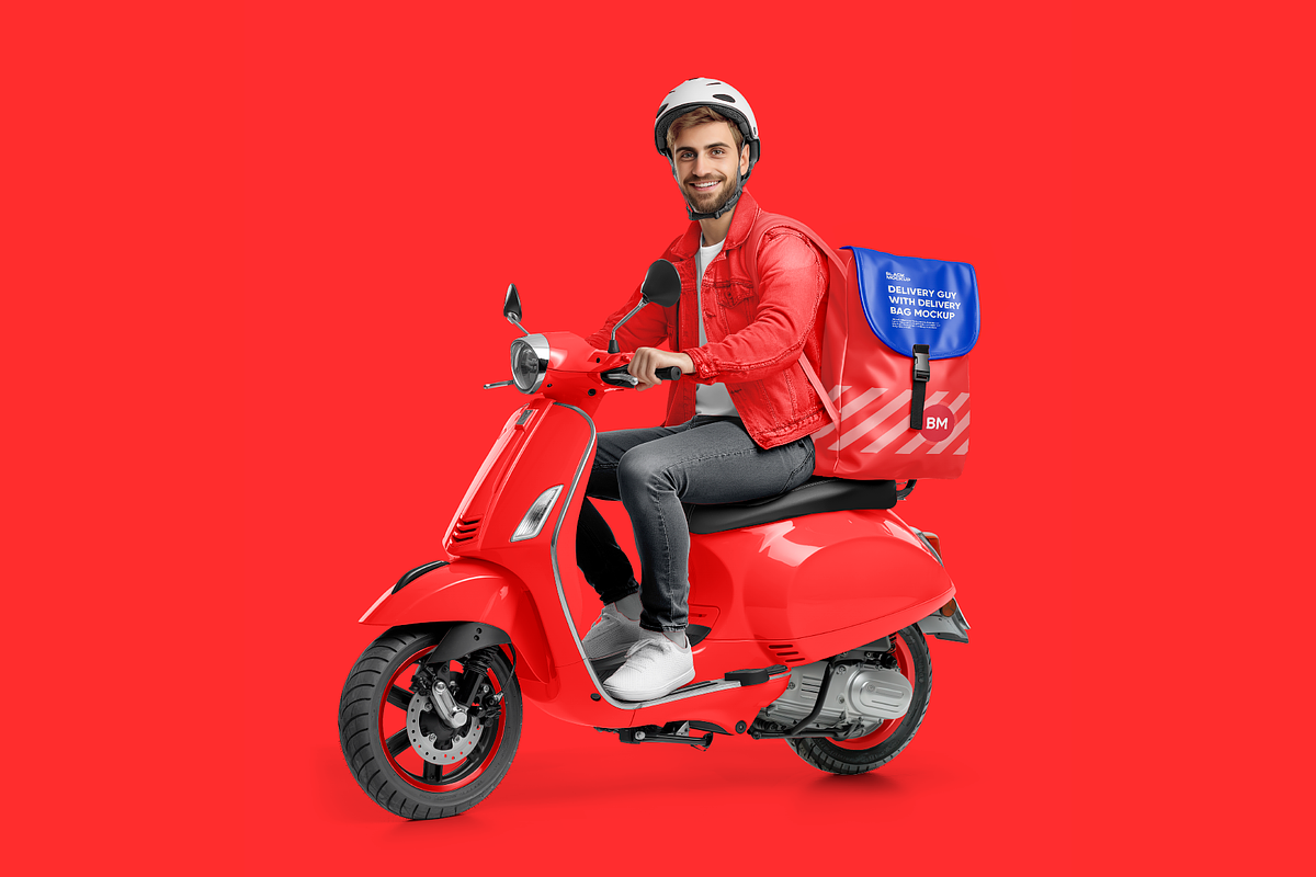 Delivery guy on scooter Mockup, an Advertising Mockup by BlackMockup (Photo 8 of 12)
