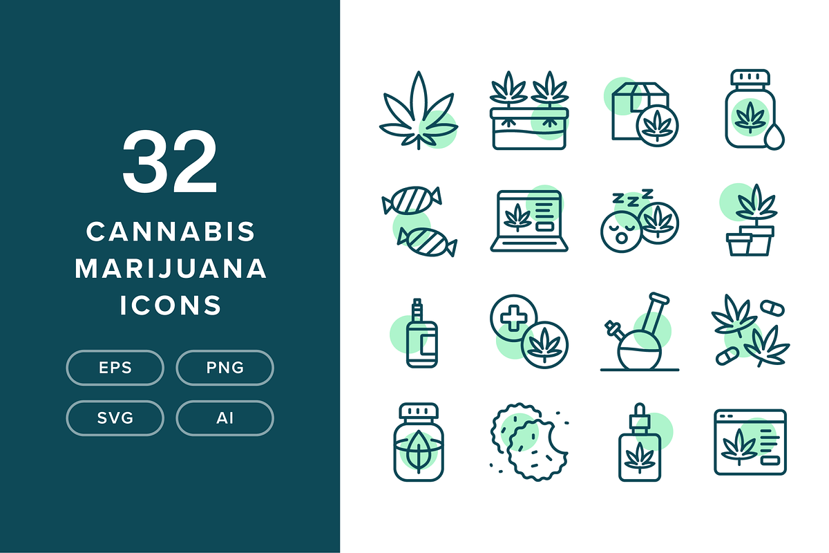 32 Cannabis Marijuana Icons, an Outline Icon by Furnace (Photo 1 of 5)