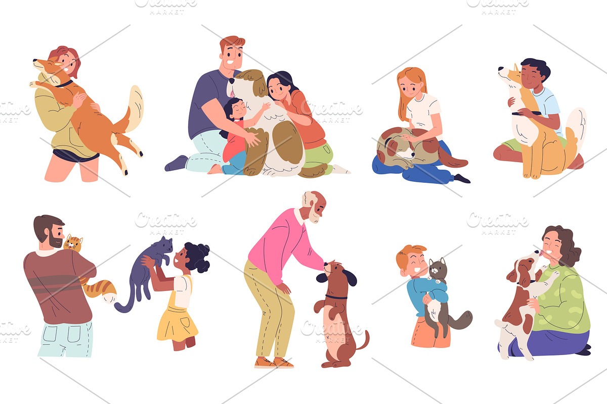 Owners hugging pets. Happy people, an Animal Illustration by Stock-Smart-Start