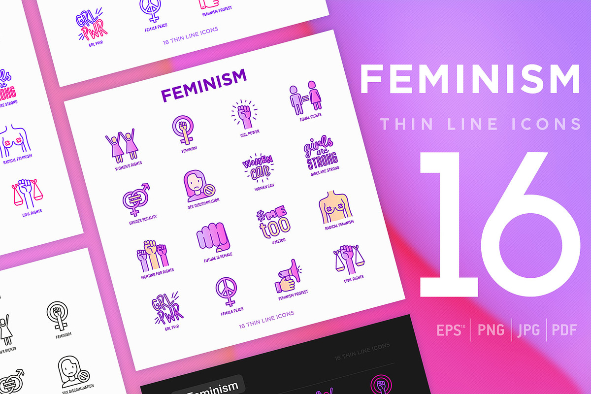 Feminism | 16 Thin Line Icons Set, an Outline Icon by Alex Blogoodf (Photo 1 of 11)