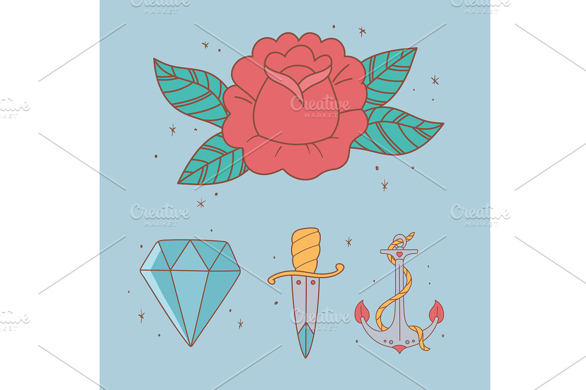 tattoo old school set, an Illustration by studiogstock