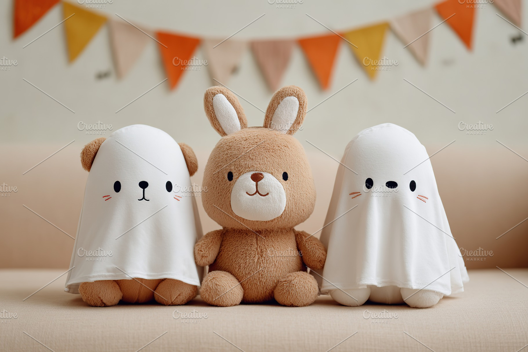Cute plush toys dressed as ghosts during a playful indoor Halloween celebration, a Photo by AlyaAnd